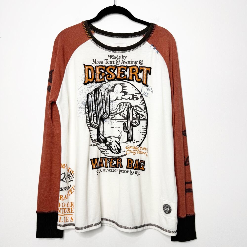 Double D Ranch M Desert Water Bag Western Graphic Raglan Long Sleeve Shirt Rust